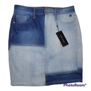 Tommy Hilfiger Jean Skirt Womens Size 2 Patchwork Denim Pockets Logo NWT
